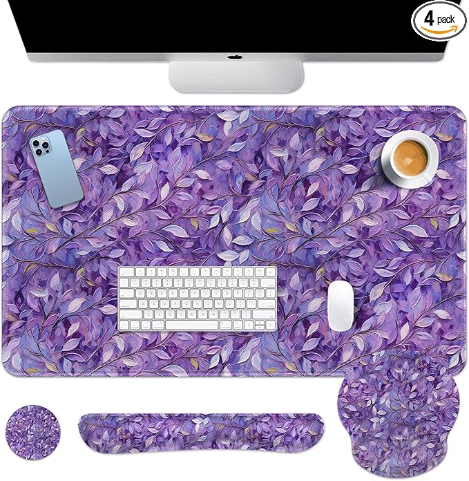 Britimes Purple Oil Painting Leaves Keyboard Mouse Pad Set Plant 4in1 Large by Britimes