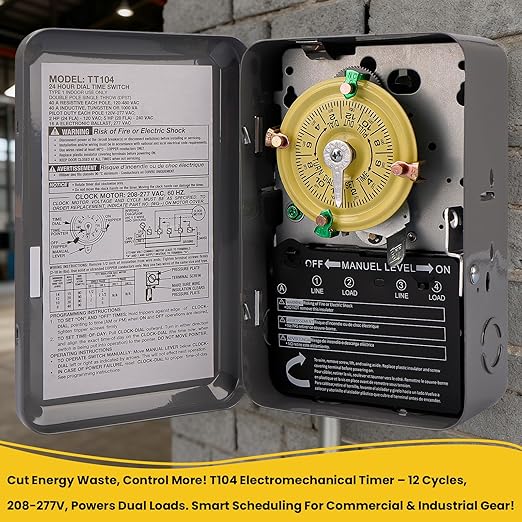 T104 Electromechanical Timer Switch, 208-277 VAC 5HP 40A DPST Pool Pump Timers - Image 4