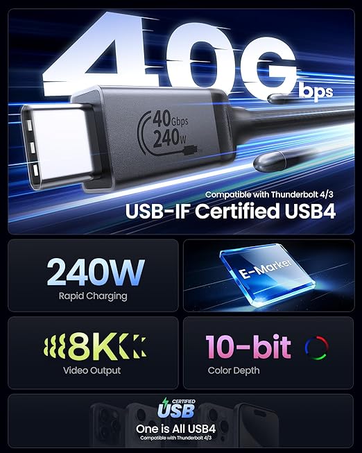 Silkland USB 4 for Thunderbolt 4 Cable, 40Gbps Data Sync, 240W PD 3.1, - Image 2