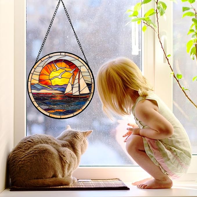 DASTOLL Stained Glass Window Hanging, Sun Ocean Sailboat Seagull Abstract - Image 2