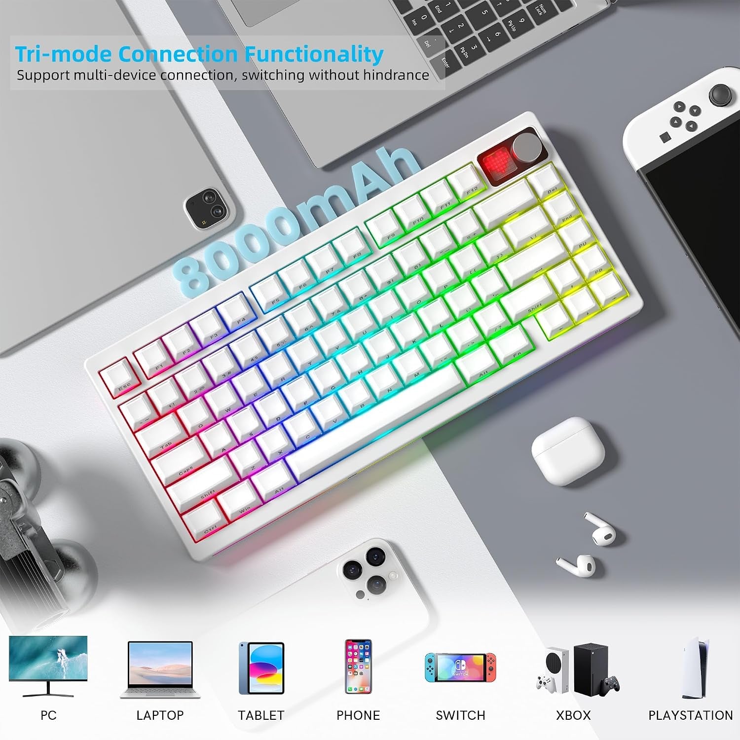 75% Wireless Mechanical Gaming Keyboard with Knob&Dot-Matrix Display | Bluetooth5.0/2.4Ghz/Usb C Thocky Creamy Keyboard for PC Computer, 8000Mah Battery Jelly Key Board for Win/Mac (Mt75-White)