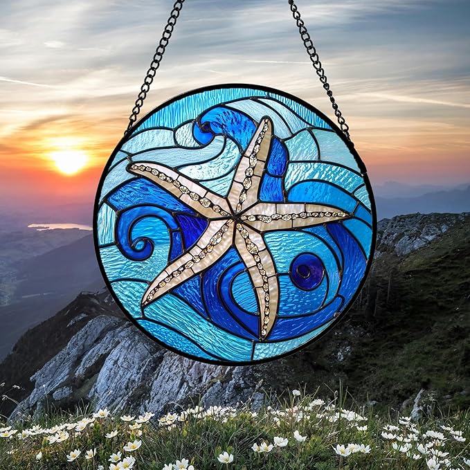 DASTOLL Stained Glass Window Hanging 4 Pcs Set Blue Ocean Waves 9.8" - Image 3