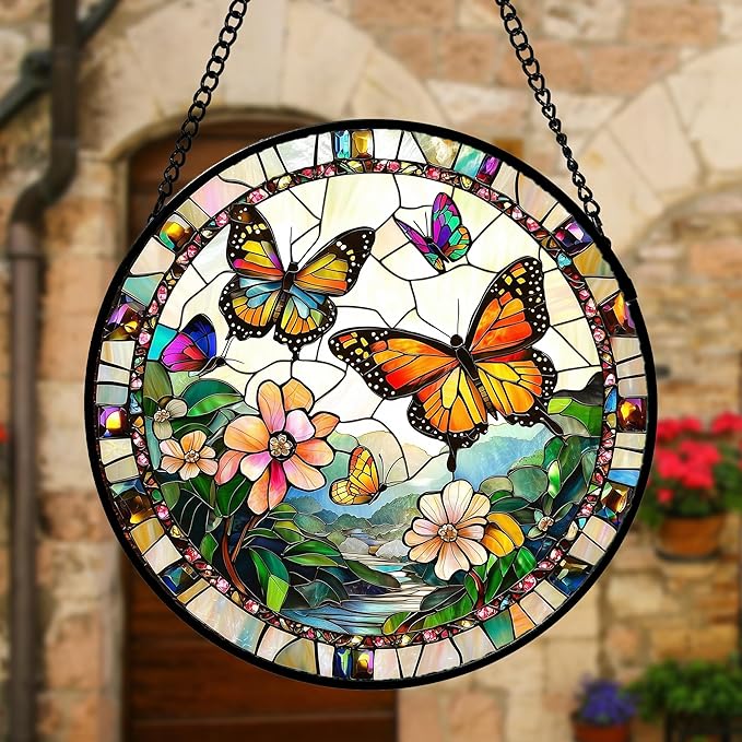 DASTOLL Stained Glass Window Hanging, Butterflies Flying in The Sky Suncatcher - Image 3