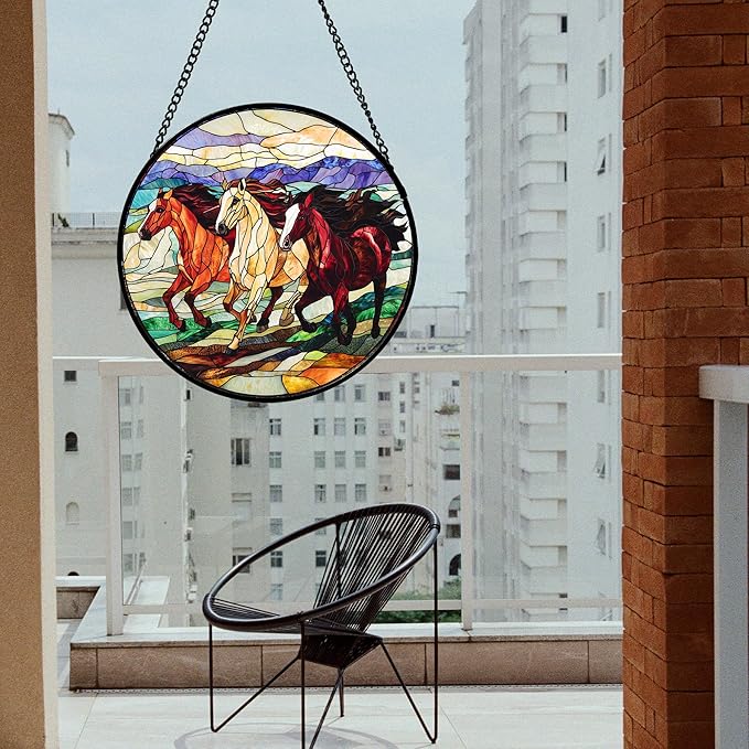 DASTOLL Stained Glass Window Hanging, Colorful Landscape Running Horse - Image 3