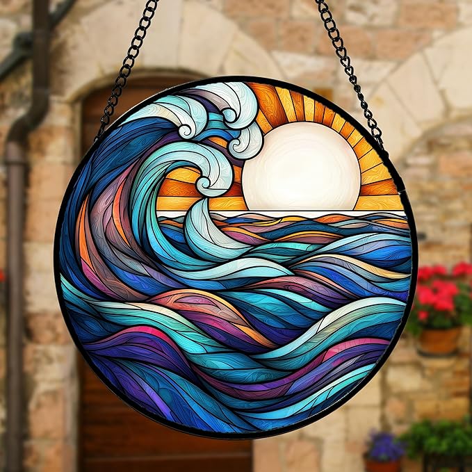 DASTOLL Stained Glass Window Hanging, Big Wave Sun Suncatcher Diamond Glass - Image 4