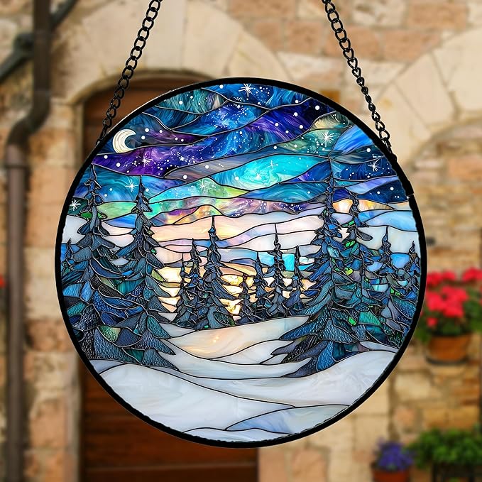 DASTOLL Stained Glass Window Hanging, Starry Sky Trees and Snow Sun Catchers - Image 4