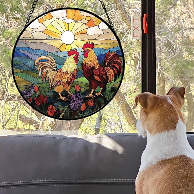 AMDERVEN Stained Glass Window Hanging, Countryside Scenery Chicken Sun Catcher - Image 5