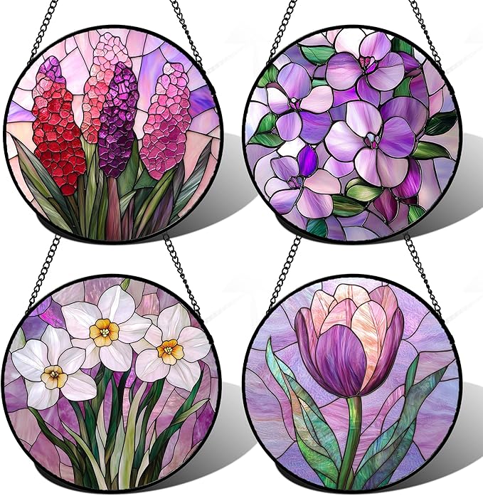 DASTOLL Stained Glass Window Hanging 4 Pcs Set Purple Flower Theme 6.3" by DASTOLL