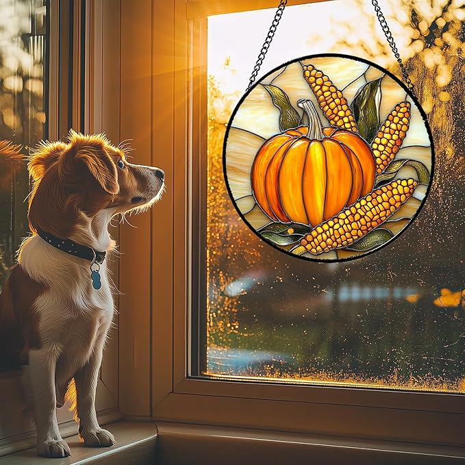 DASTOLL Stained Glass Window Hanging Autumn Harvest Pumpkin Corn 9.8" - Image 3