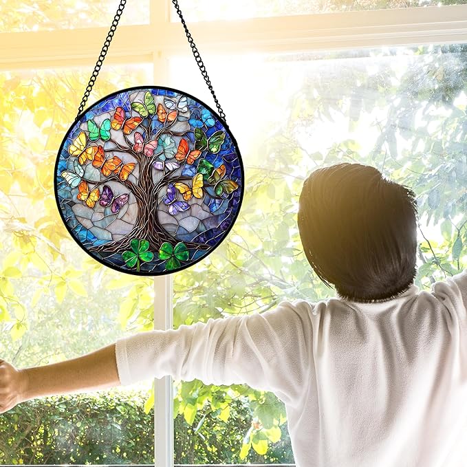 DASTOLL Stained Glass Window Hanging, Butterfly Tree Clover Sun Catchers Glass - Image 4