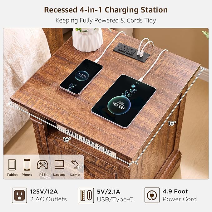 Farmhouse Nightstand with Charging Station, Wooden Sofa Table w/Roman Column - Image 4