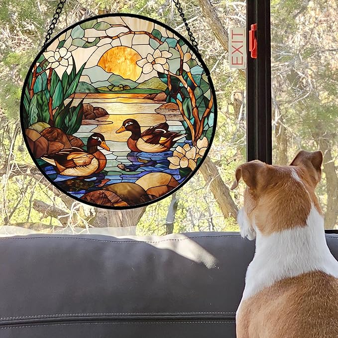 AMDERVEN Stained Glass Window Hanging, Ducks in The Pond Sun Catcher - Image 7