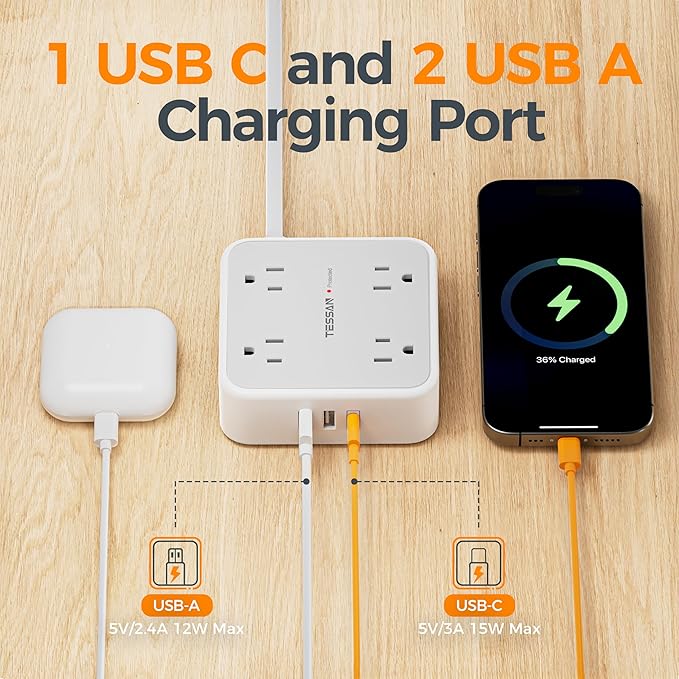 TESSAN 10 Ft Surge Protector Power Strip, 3 USB 8 Outlets, Flat Plug Extension - Image 5