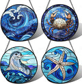 DASTOLL Stained Glass Window Hanging 4 Pcs Set Blue Ocean Waves Large 11.8" by DASTOLL