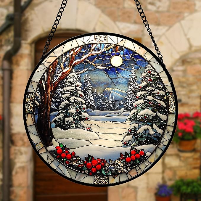 DASTOLL Stained Glass Window Hanging Christmas Tree Winter Snow Night Scenery - Image 6