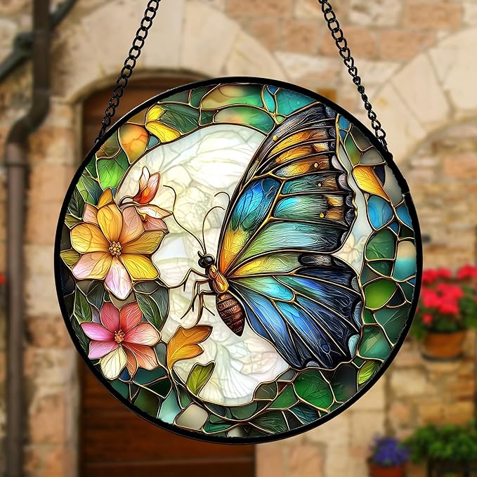 DASTOLL Stained Glass Window Hanging, Butterfly Flower Sun Catchers Diamond - Image 2