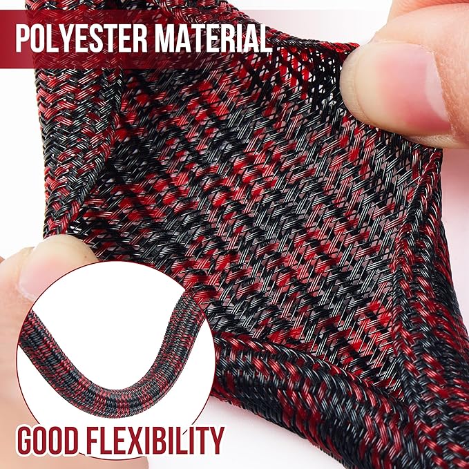 QCSIW Split Cable Sleeve, 1/2 Inch 10ft Black Red Braided Wire Loom - Image 2