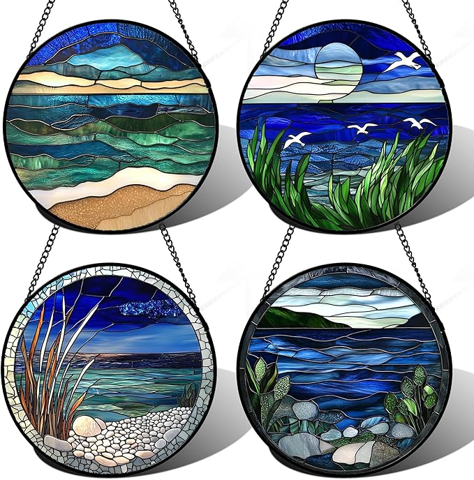 AMDERVEN Stained Glass Window Hanging 4 Pcs Set Navy Blue Ocean Landscape 6.3" by amderven