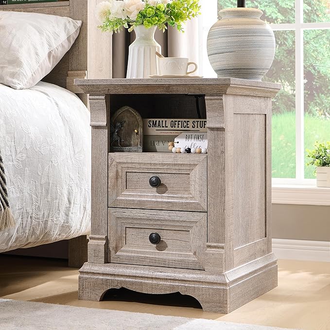 Farmhouse Nightstand with Charging Station, Wooden Side Table w/Roman Column - Image 7