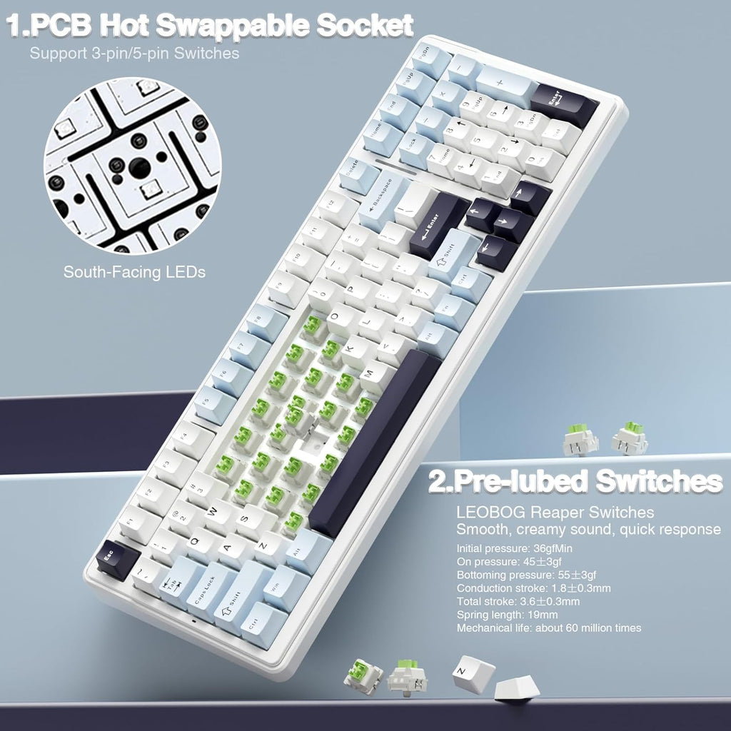 F99 Wireless Mechanical Keyboard, Hot Swappable Custom Keyboard,Pre-Lubed Linear Switches,Gasket Structure,Rgb Backlit Gaming Keyboard (Blue&White)