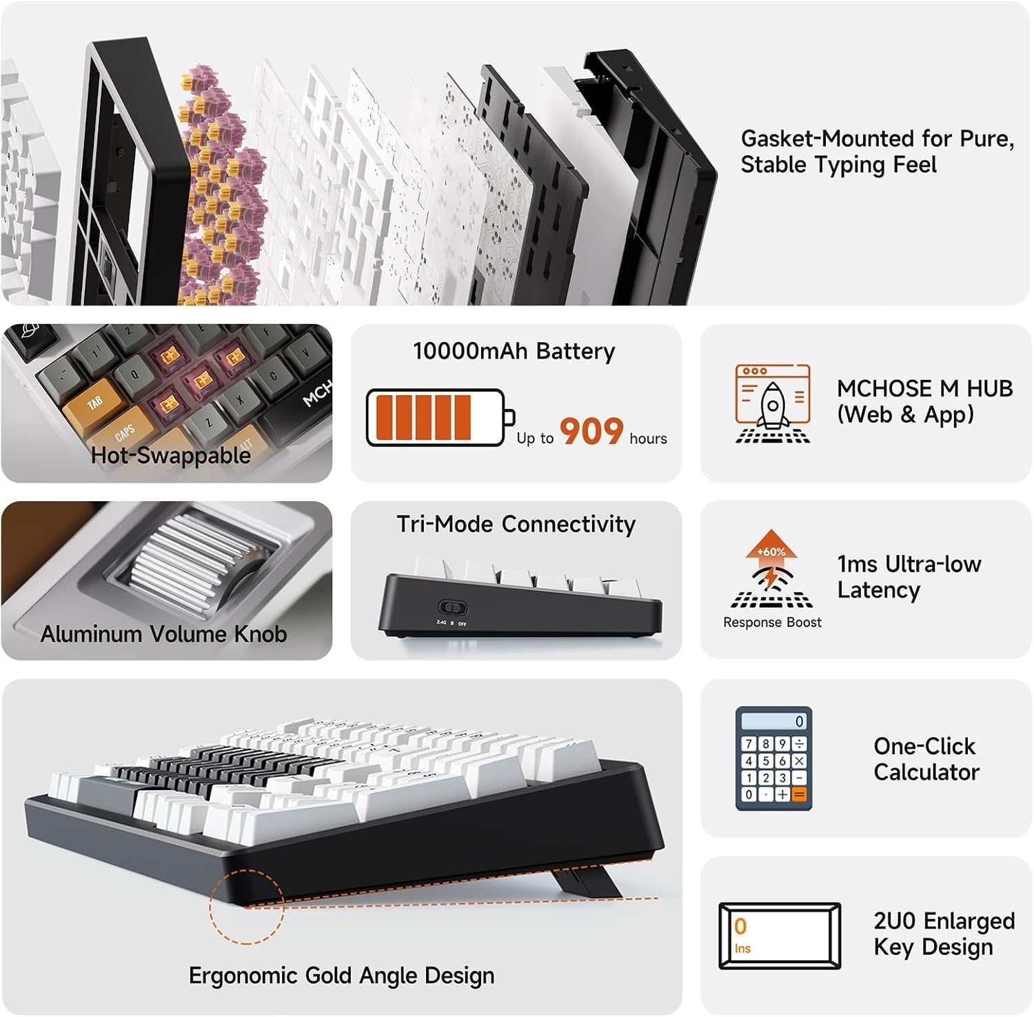 UT98 Wireless Mechanical Keyboard Compact Silent Gaming Keyboard with Knob Tri-Mode Connection Hot Swappable Custom Creamy Keyboard Gasket Structure Pre-Lubed Linear Switches RGB Classic Silent
