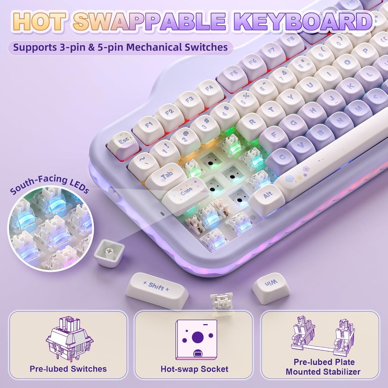 C98 Wireless Mechanical Keyboard with Number Pad,99 Key BT5.0/2.4G/USB-C Hot Swap Gasket Mount with PBT MOA Keycaps,Custom Rgb,Cute Cake Keyboard for Win/Mac (Purple, Milk V2 Linear Switch)