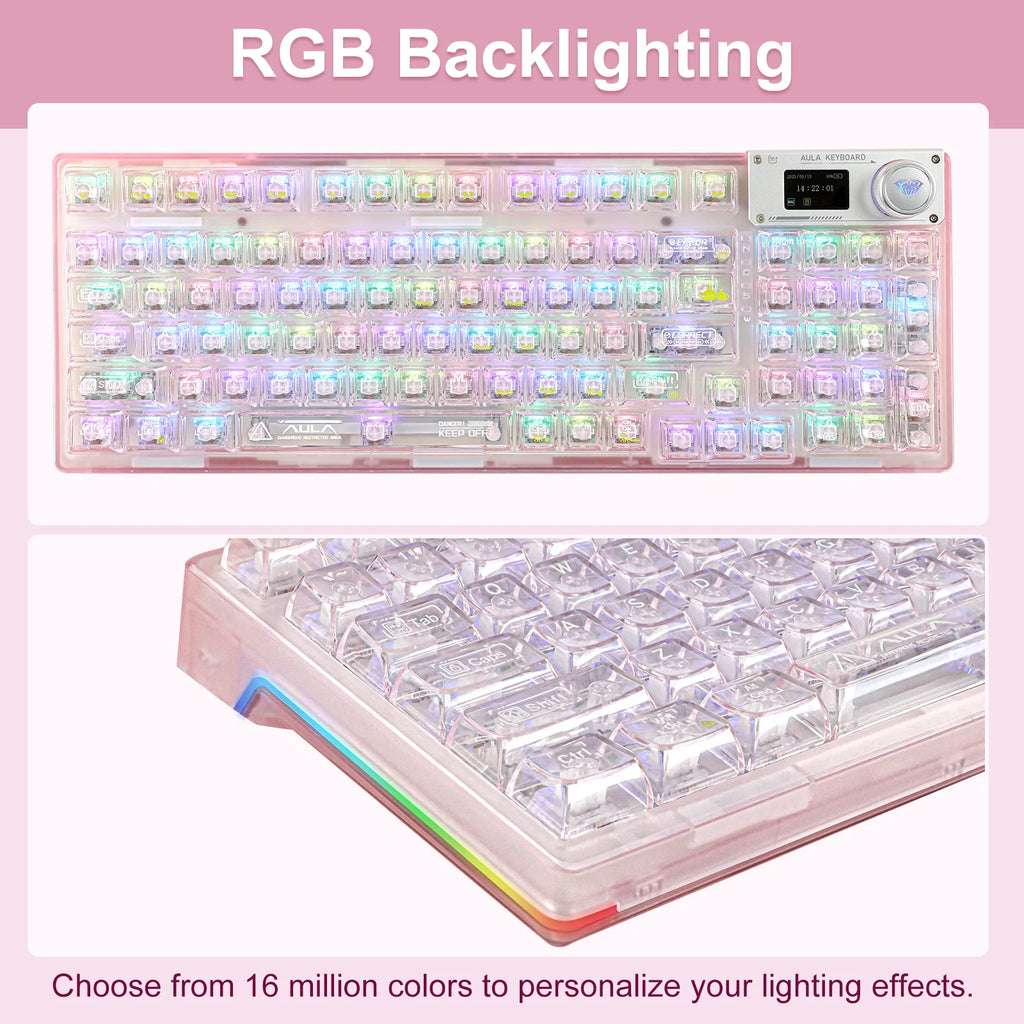 AULA F98Pro Transparent Wireless Mechanical Keyboard – Pink, Tri-Mode (Bluetooth/2.4G/Usb-C), Hot-Swappable Switches, OLED Display, 4000Mah Battery, RGB Backlit