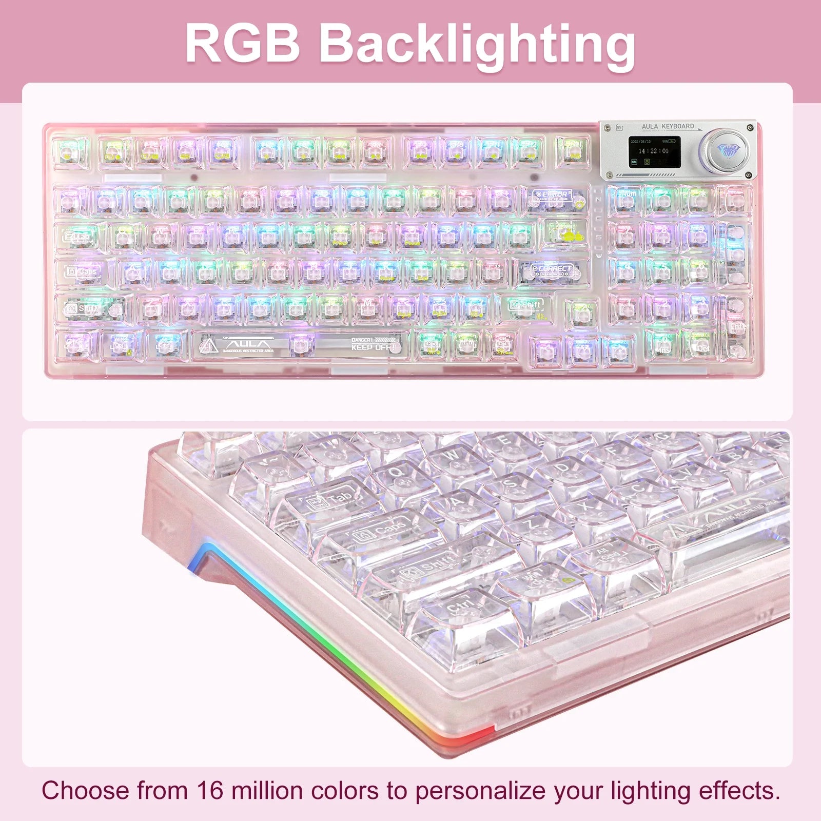 AULA F98Pro Transparent Wireless Mechanical Keyboard – Pink, Tri-Mode (Bluetooth/2.4G/Usb-C), Hot-Swappable Switches, OLED Display, 4000Mah Battery, RGB Backlit