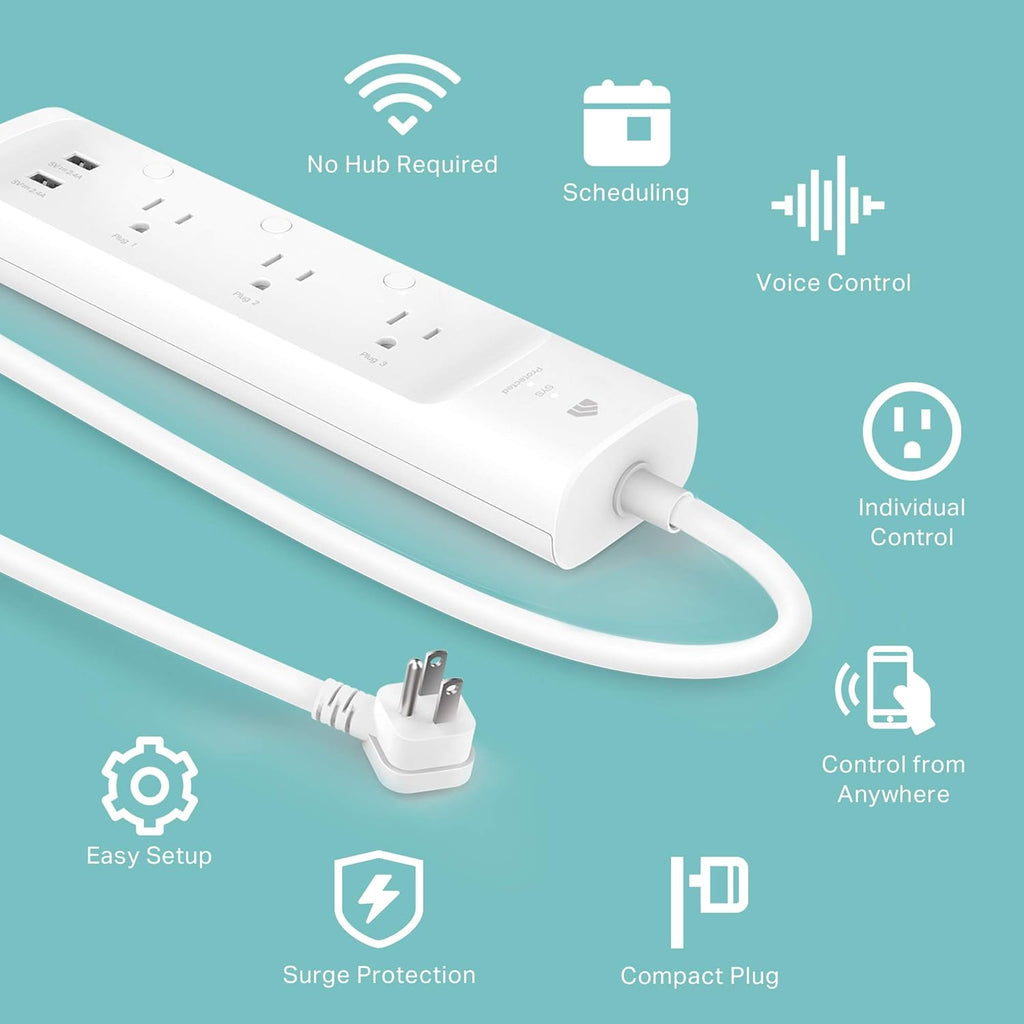 Kasa Smart Plug Power Strip KP303, Surge Protector with 3 Individually Controlled Smart Outlets and 2 USB Ports, Works with Alexa & Google Home, No Hub Required , White | Surge Protector with 3 Individually Controlled Smart Outlets and 2 USB Ports, Works with Alexa & Google Home