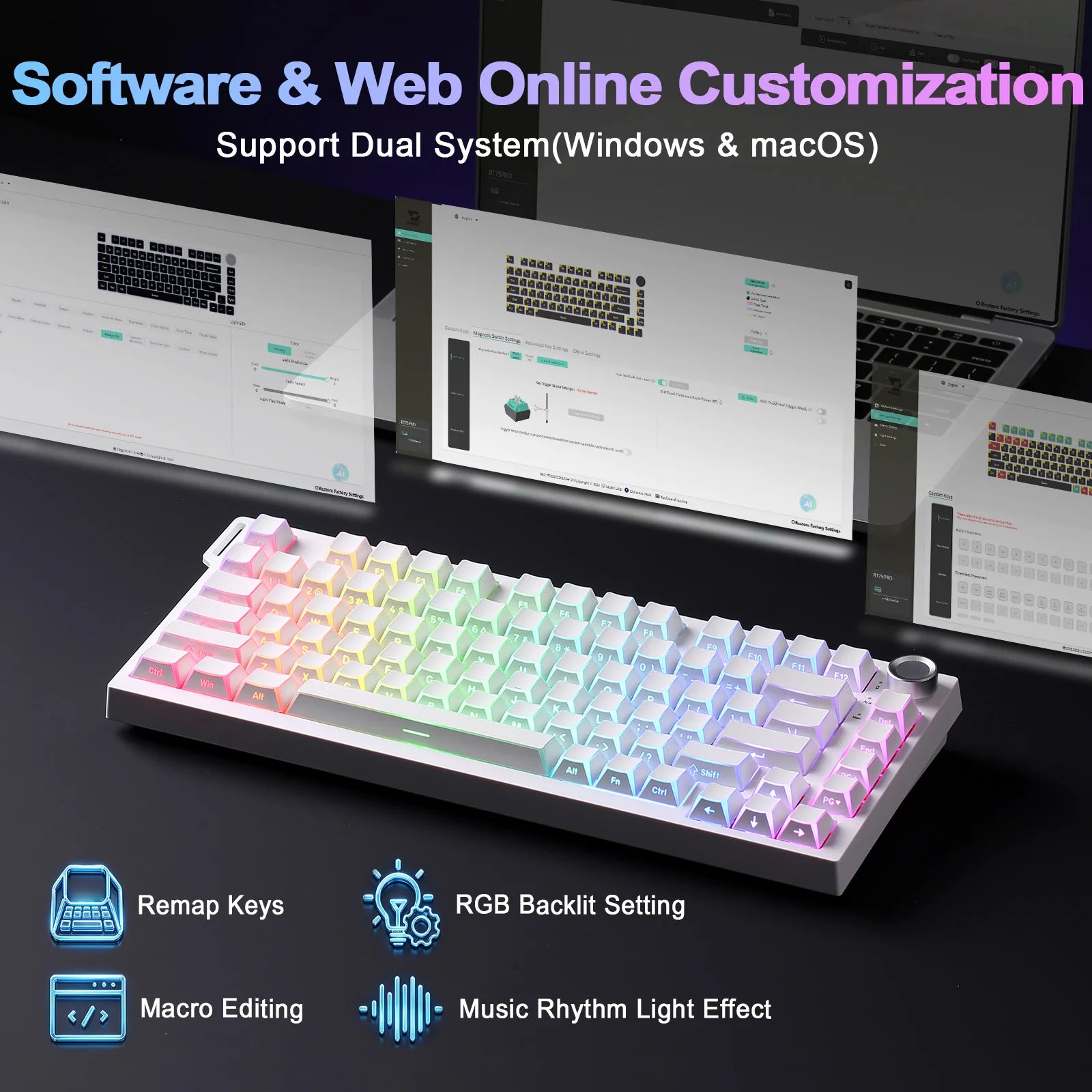 YUNZII RT75 PRO Dual 8K Wireless Gaming Keyboard, Rapid Trigger Mechanical Hall Effect Magnetic Keyboards, RGB Custom SOCD/DKS