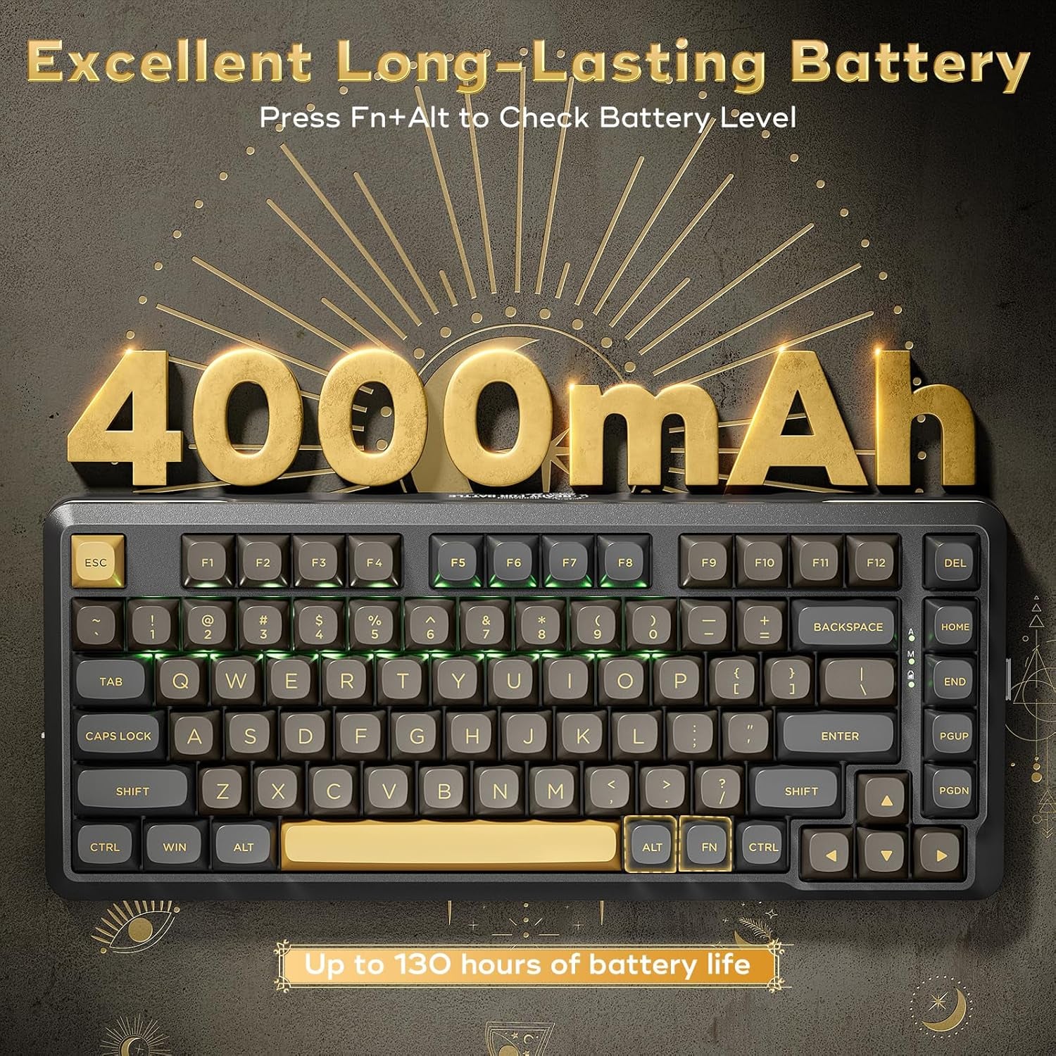 K738 Wireless Mechanical Keyboard, Gasket Mounted RGB Gaming Keyboard, 3-Mode (2.4G/BT/USB), Pre-Lubed Linear Switches, 75％ Layout, 82 Keys Hot Swappable for Pc/Mac - Black Gold