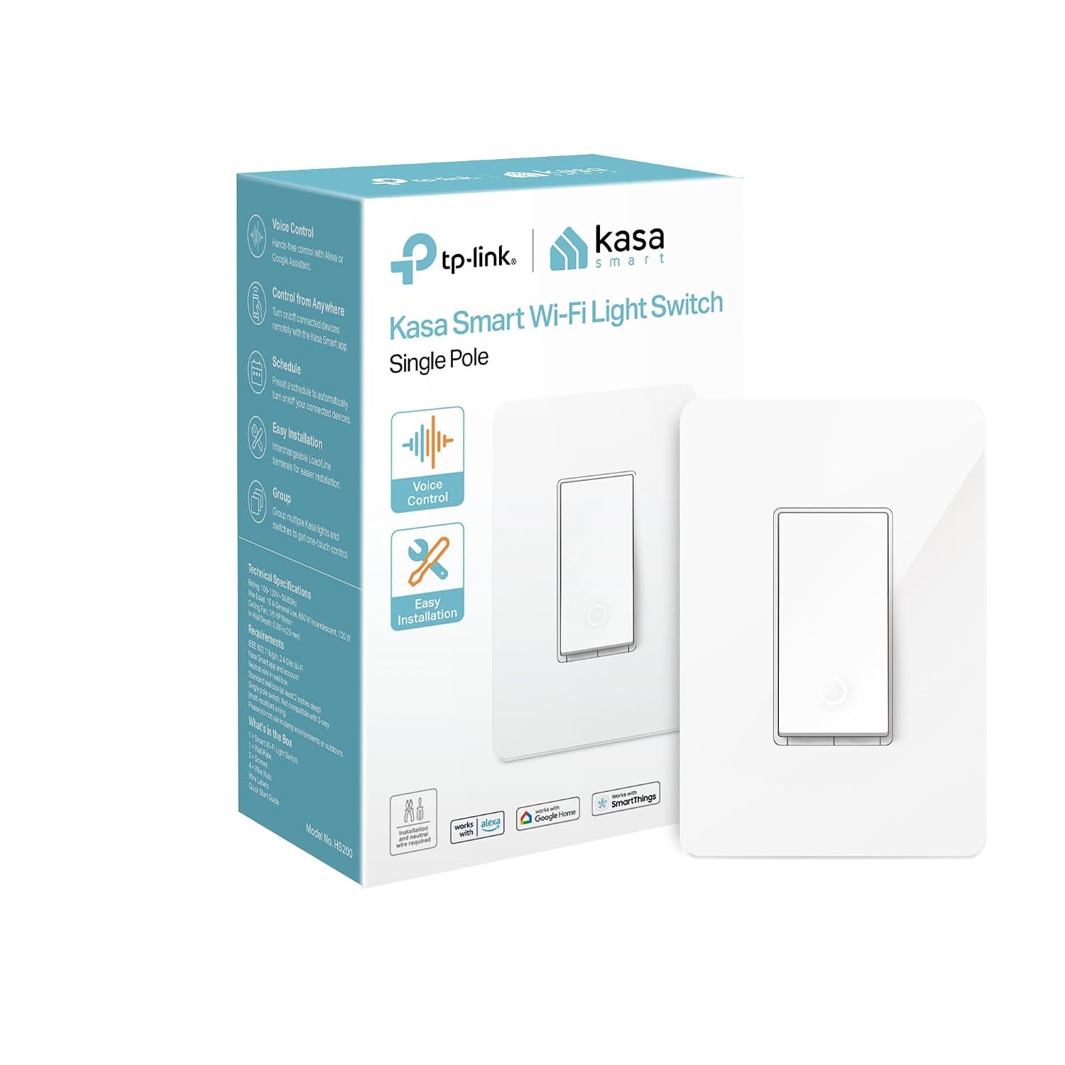 Kasa Smart Light Switch, Single Pole, Need Neutral Wire, HS200 | 2.4Ghz Wi-Fi, Works with Alexa & Google Home, UL Certified, No Hub Required, White