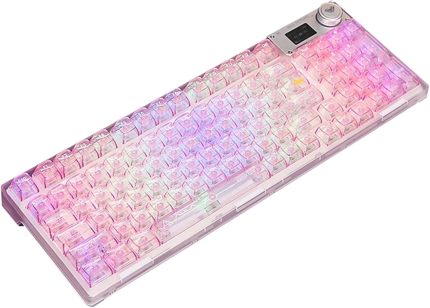 AULA F98Pro Transparent Wireless Mechanical Keyboard – Pink, Tri-Mode (Bluetooth/2.4G/Usb-C), Hot-Swappable Switches, OLED Display, 4000Mah Battery, RGB Backlit