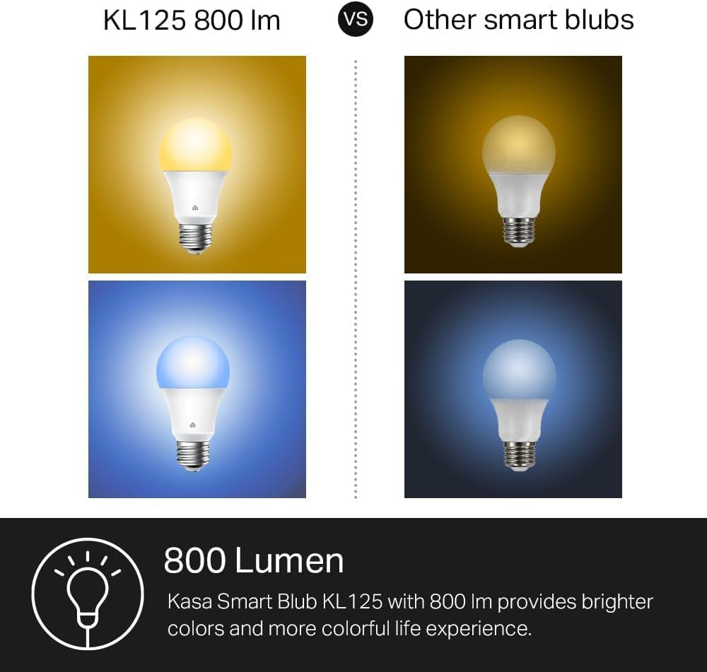 Light Bulbs, Full Color Changing Dimmable Smart Wifi Bulbs Compatible with Alexa and Google Home, A19, 60 W 800 Lumens,2.4Ghz Only, No Hub Required, 2-Pack (KL125P2), Multicolor
