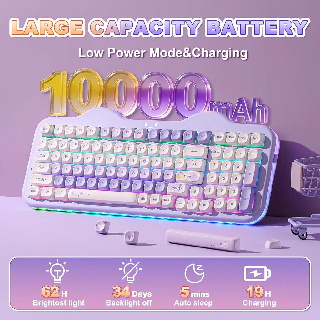 C98 Wireless Mechanical Keyboard with Number Pad,99 Key BT5.0/2.4G/USB-C Hot Swap Gasket Mount with PBT MOA Keycaps,Custom Rgb,Cute Cake Keyboard for Win/Mac (Purple, Milk V2 Linear Switch)