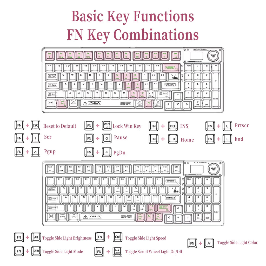 AULA F98Pro Transparent Wireless Mechanical Keyboard – Pink, Tri-Mode (Bluetooth/2.4G/Usb-C), Hot-Swappable Switches, OLED Display, 4000Mah Battery, RGB Backlit