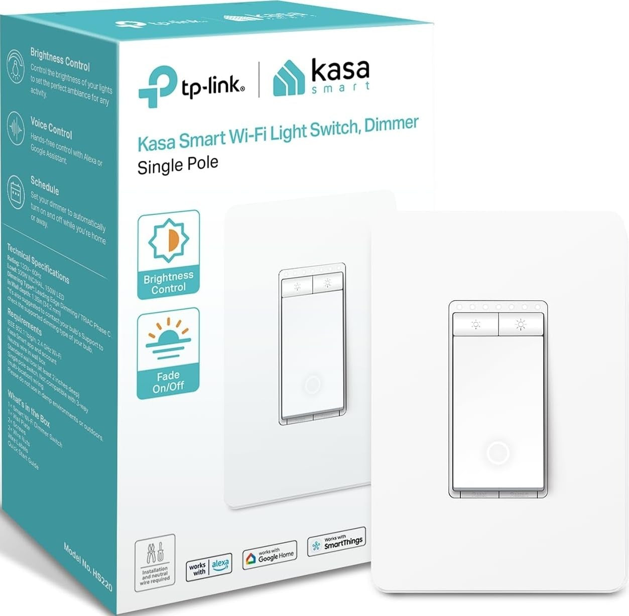 Kasa Smart Dimmer Switch HS220, Single Pole, Needs Neutral Wire | 2.4Ghz Wi-Fi Light Switch, Works with Alexa & Google Home, UL Certified, No Hub Required, White