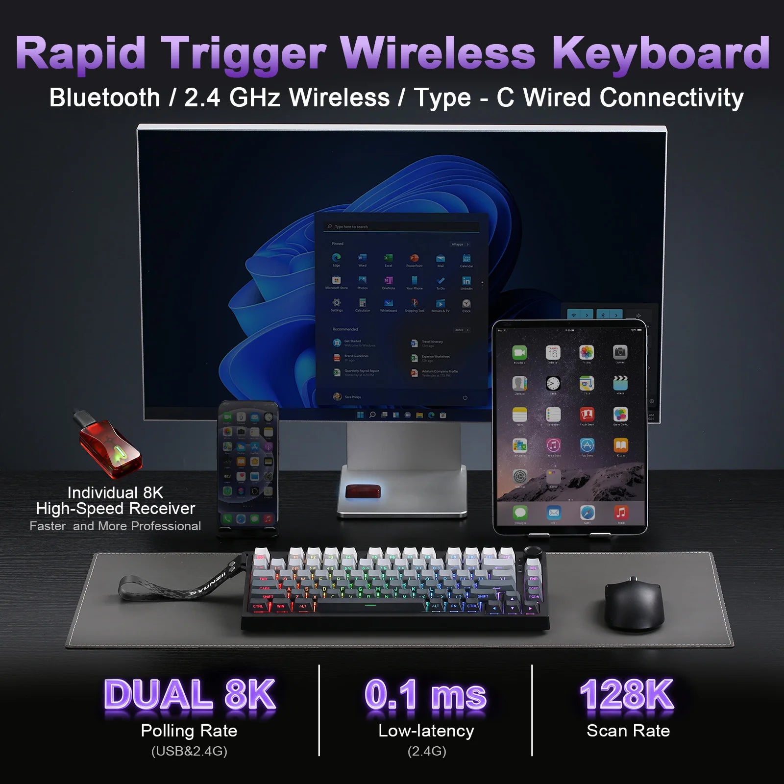 YUNZII RT75 PRO Dual 8K Wireless Gaming Keyboard, Rapid Trigger Mechanical Hall Effect Magnetic Keyboards, RGB Custom SOCD/DKS